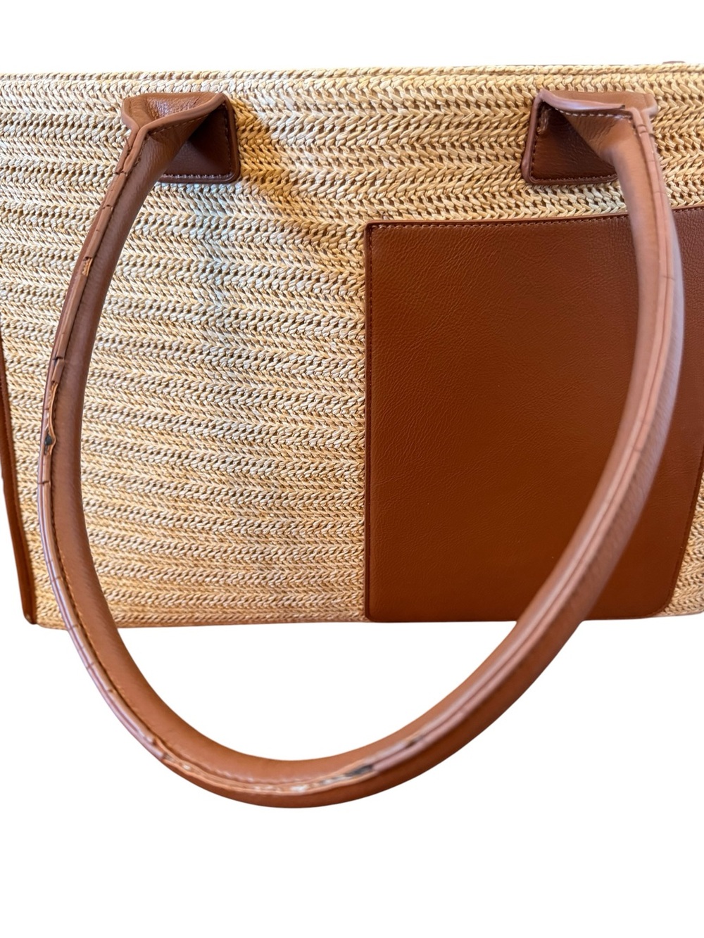 BCBG Two-Tone Straw Tote with Brown Leather Accents and room for laptop - Picture 3 of 7